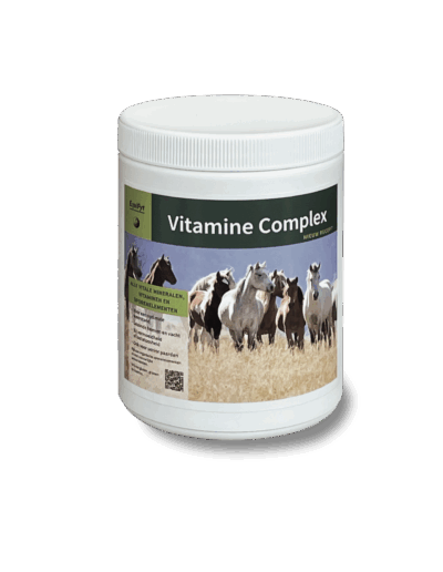 Weiße Dose mit EquiFyt Vitamine Complex für Pferde, Label zeigt Pferdegruppe im Galopp
