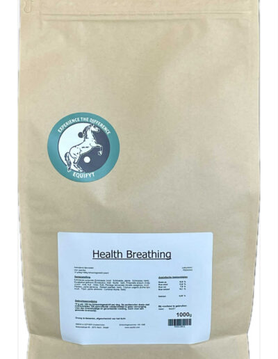 Braune Verpackung mit EquiFyt-Logo und Etikett Health Breathing Pferdefutter, 1000g Beutel mit Zipper