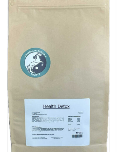 Braune Futterpackung mit EquiFyt-Logo und Health Detox Etikett, 1000g Premium Pferdefutter in Standbeutel