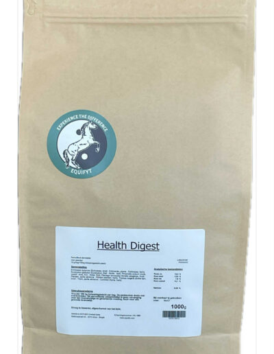 Braune Futterverpackung mit EquiFyt-Logo und Etikett Health Digest, 1000g Premium Pferdefutter für Verdauung