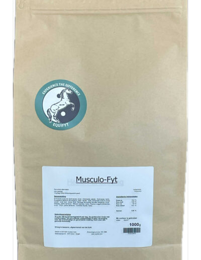 Braune Verpackung mit EquiFyt-Logo und Etikett für Musculo-Fyt Pferdefutter, 1000g Beutel mit Zipverschluss